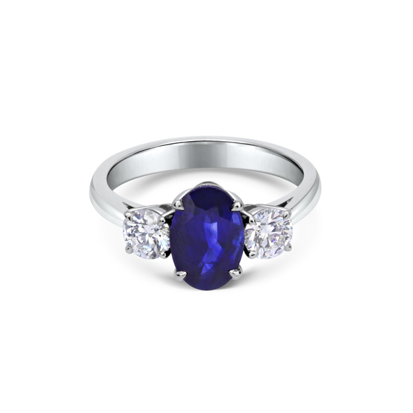 Sapphire Oval & Brilliant Cut Diamond 3 Stone Ring 18ct White Gold