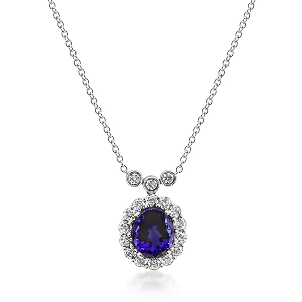 Oval Tanzanite & Brilliant Cut Diamond Cluster Drop Pendant With Rub 