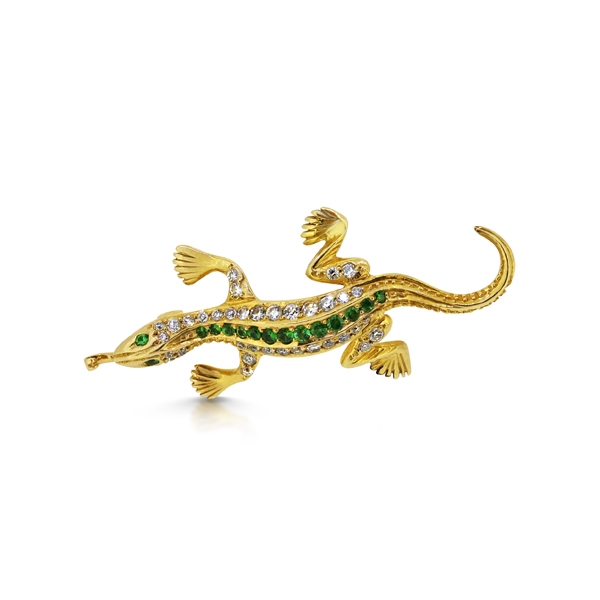 Tsavorite Garnet & Diamond Lizard Brooch 18ct Yellow Gold